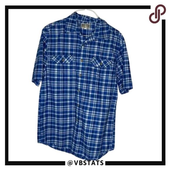 Duluth Trading Company Royal-White-Gray Plaid SS Medium-Tall Button Down - Picture 1 of 5